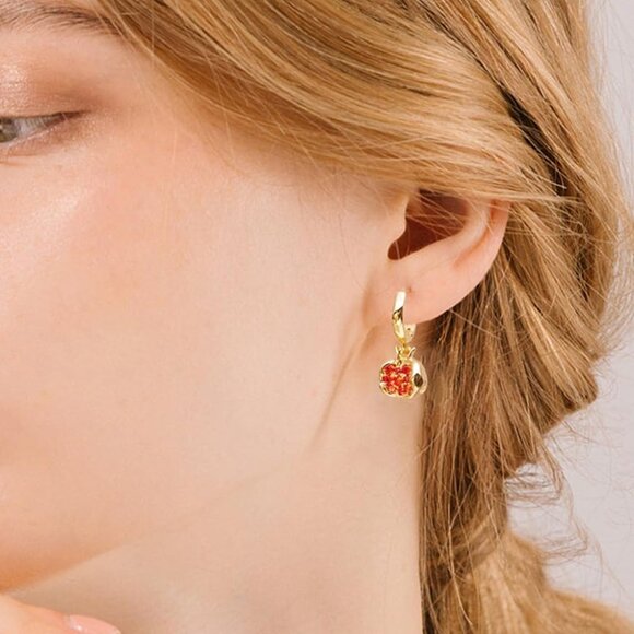 Elegant Red Pomegranate Pendant Hoop Earrings with Cubic Zirconia in 18k Gold Ov - Picture 4 of 4